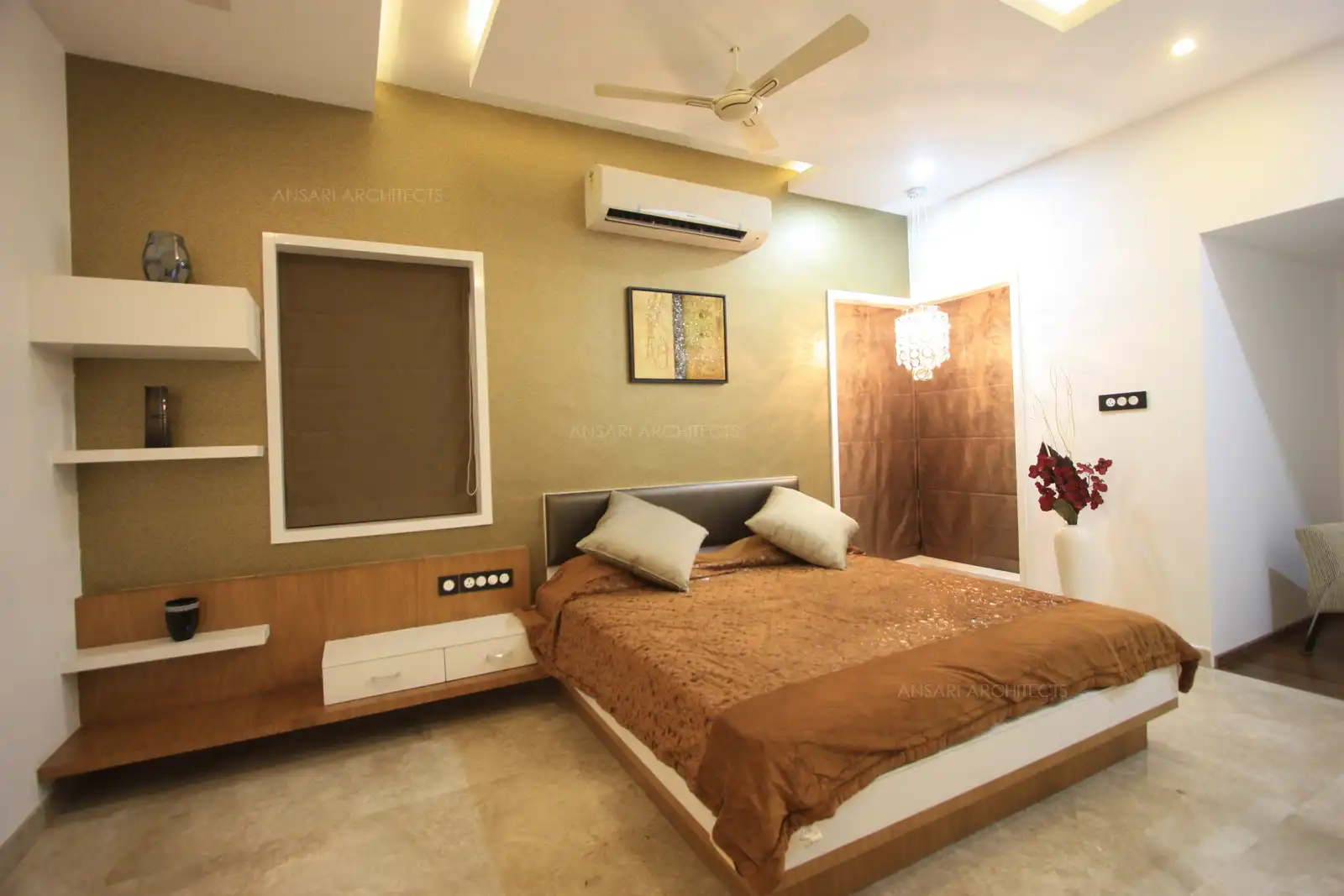 Bedroom-3 in the first floor has been done with brown and white combination which gives a subtle and warm look.