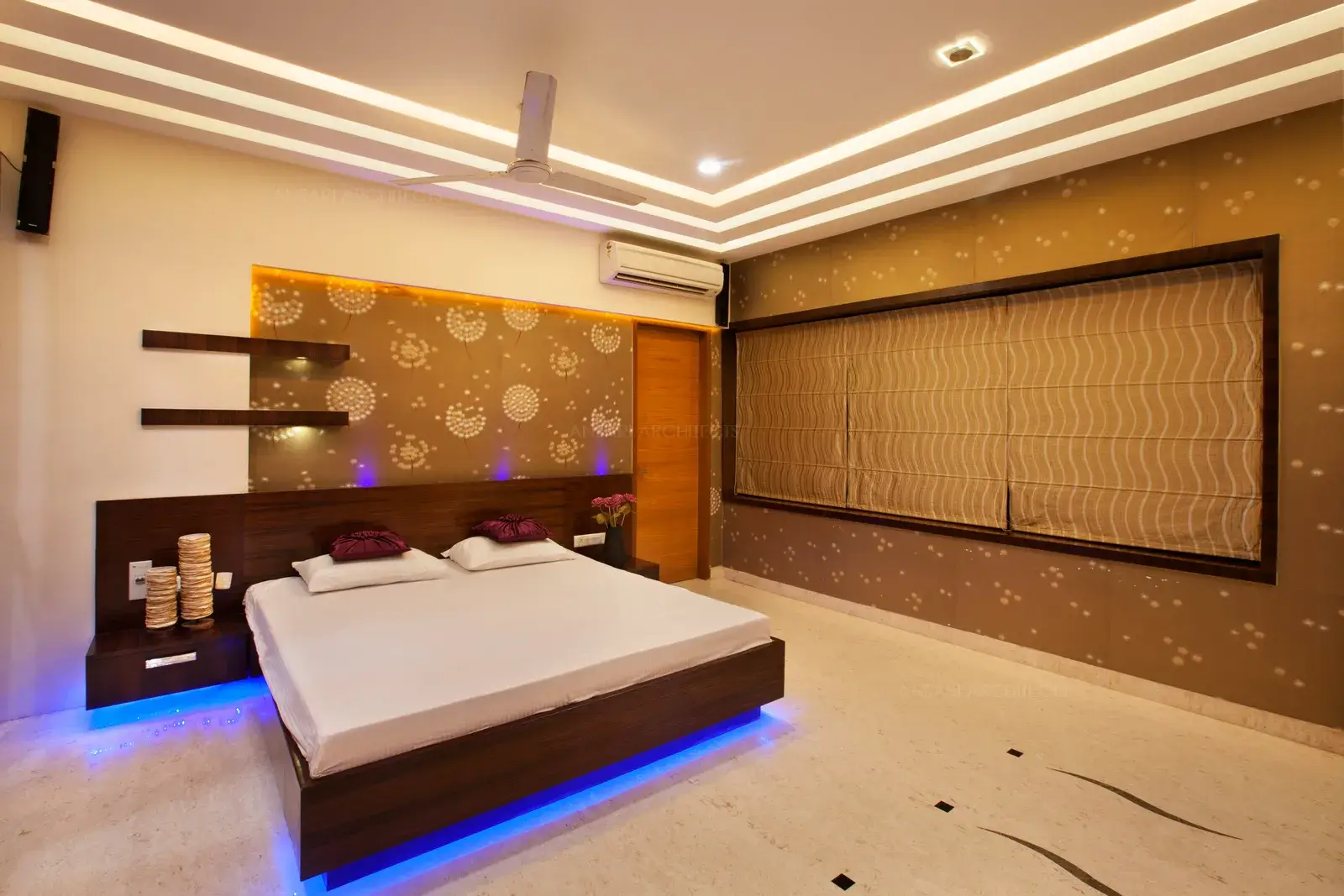 Daughter's room in Front portion of second floor has sleek lines and elegant wall finishes.