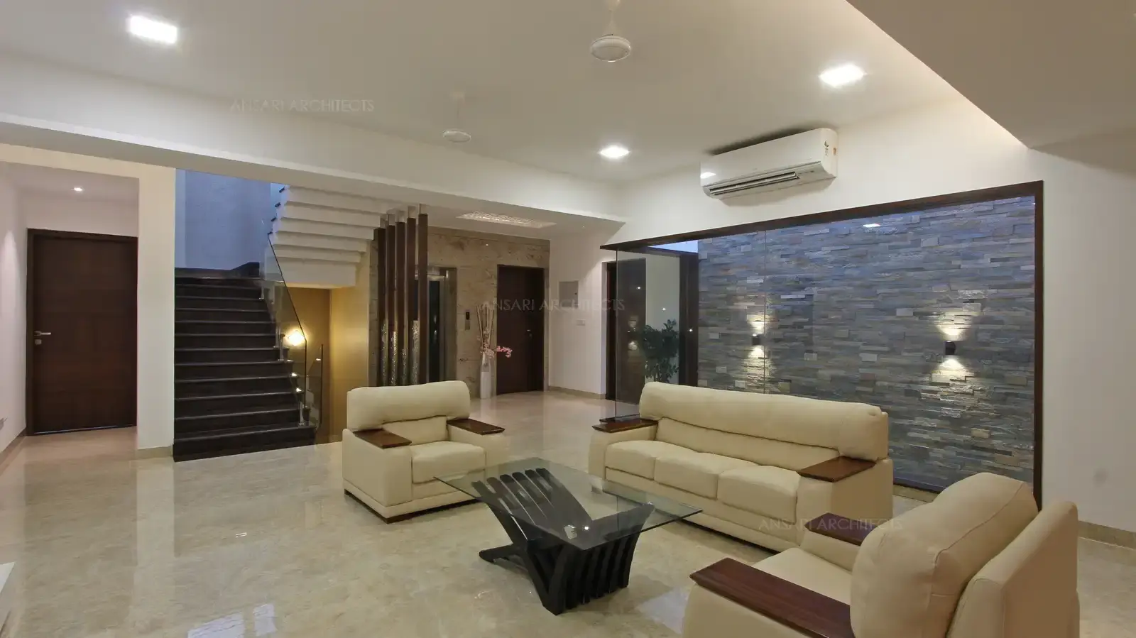 The every element in the space acts as a perfect decor for a comfortable relaxing space, the space overlooks the courtyard with highlighted two-way lights.