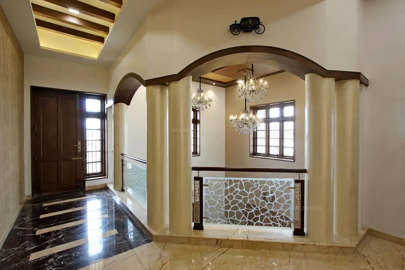 The pendant light defines the feature of the double height space.