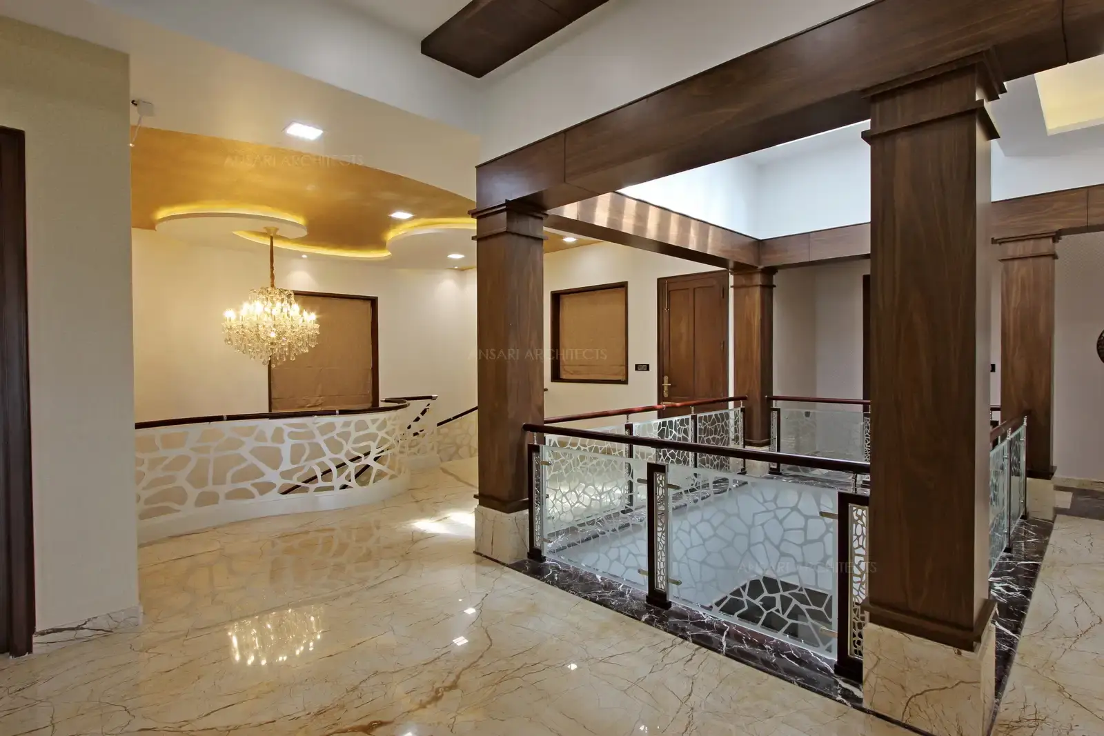 The handrails are created with specific voronoi patterns as which recreates patterns from nature. Two bold wooden column highlights the spacewith specific lighting.