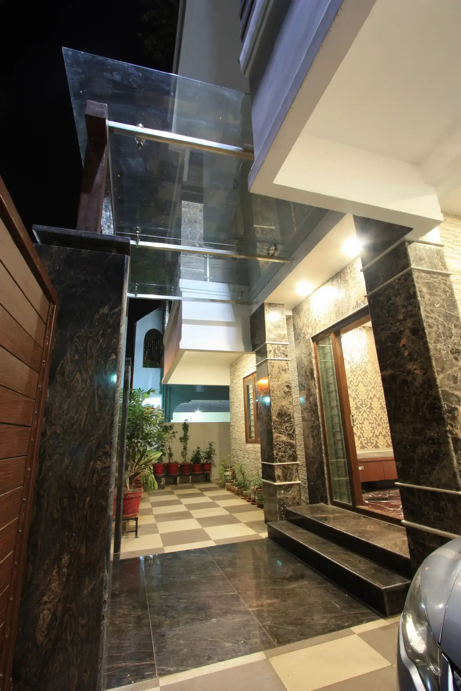Extensive use of marble and stone cladding helps in ease of maintenance as well as gives a rich look to the exterior.
