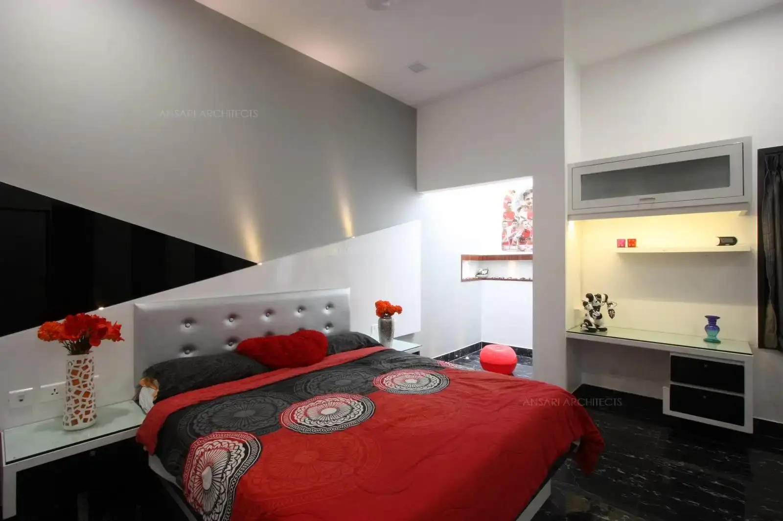Stylish and sophiscated furnishing for the study table with under cabinet lights and accessories with a design language seeded in formal and casual sensibilities with an antispace for the washroom.