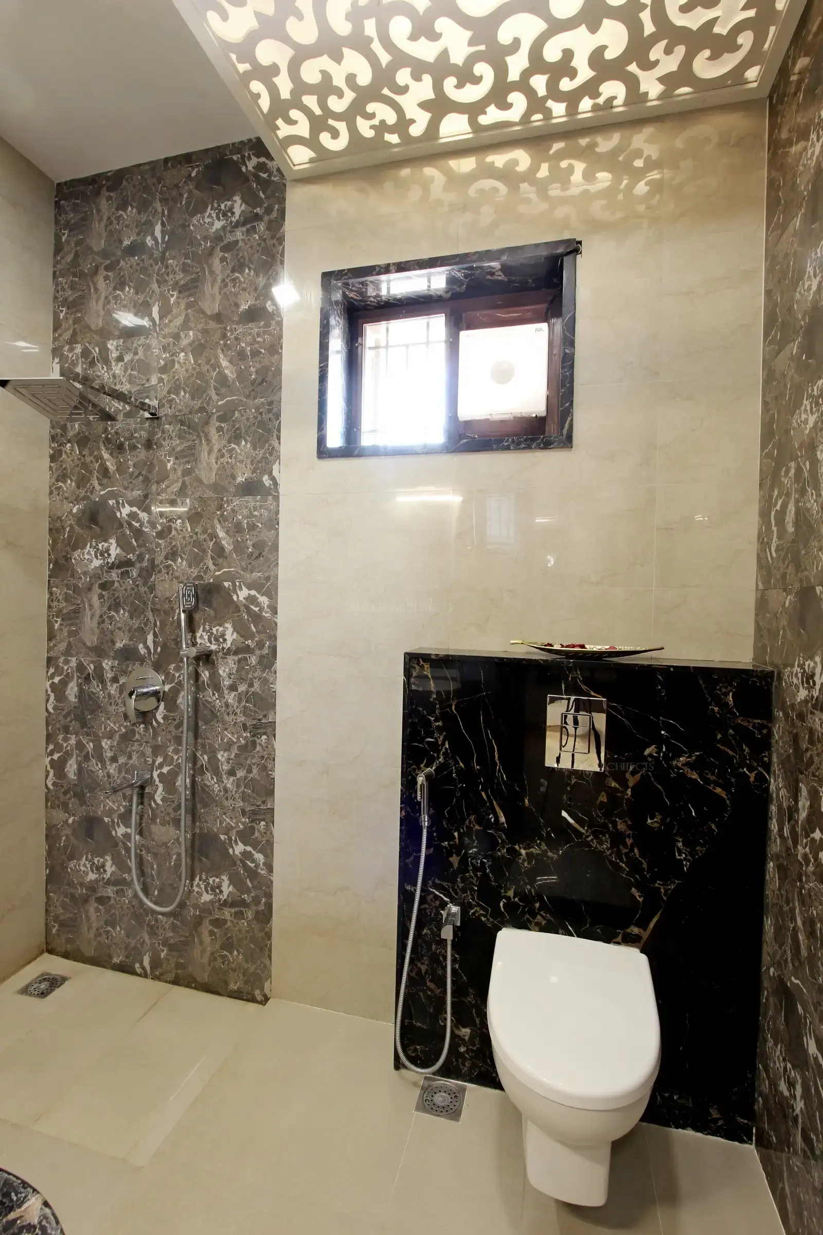 Cut out panels with hidden lights illuminate the space.