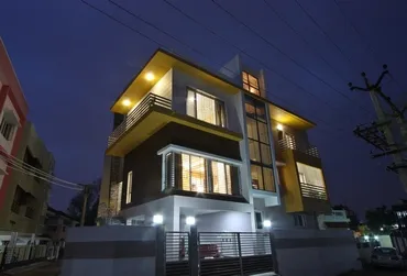 a building with lights at night