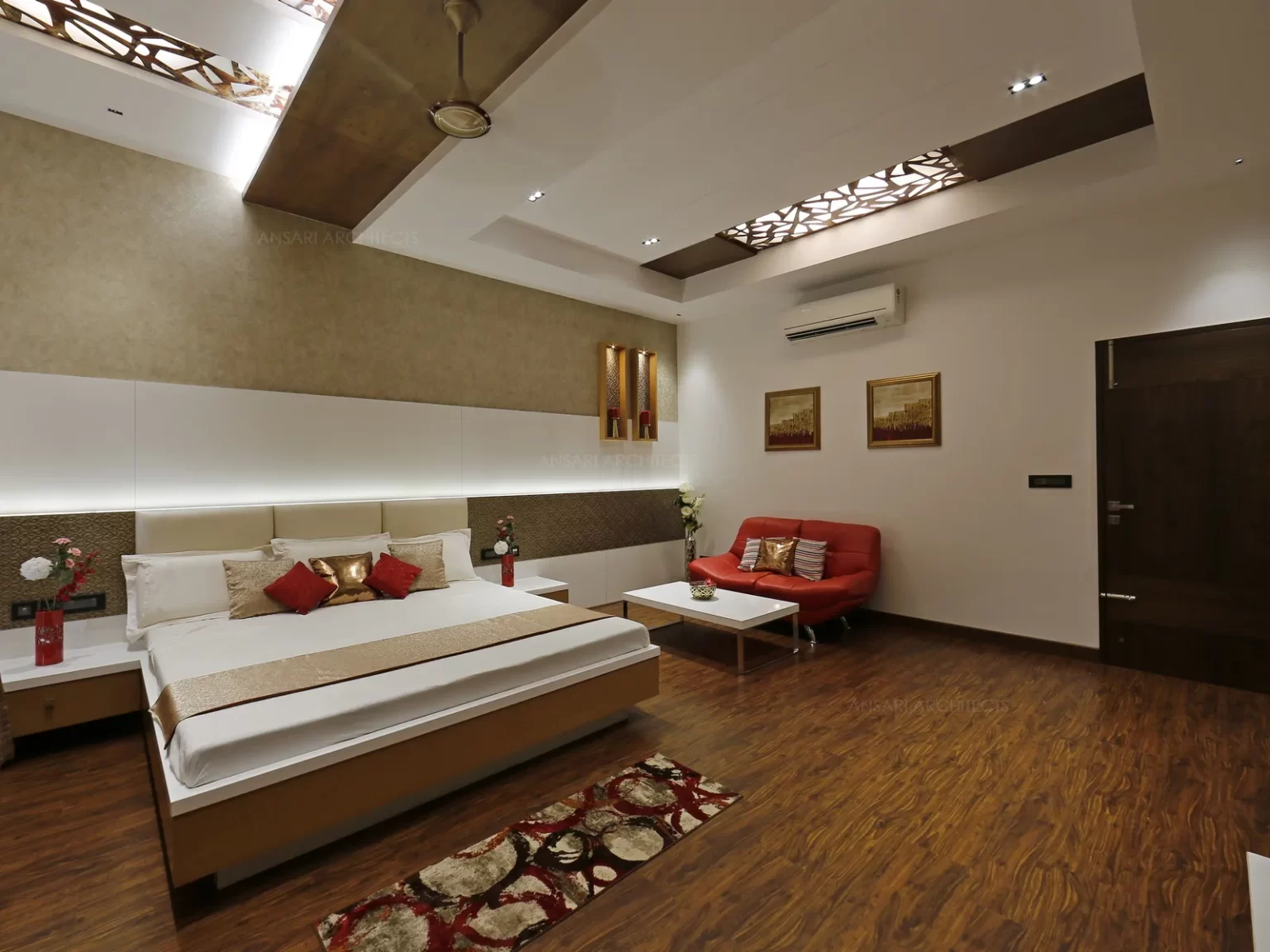 The embossed ceiling with recessed pattern pops from the ceiling providing visual stimulatio