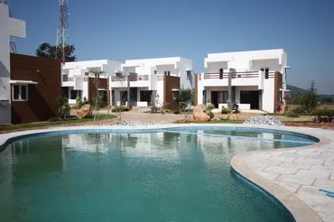 a pool in front of a building