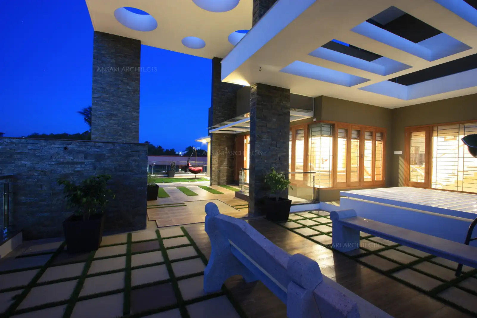 Specially designed pergolas at different levels to filter the sunlight cover the sit out area.