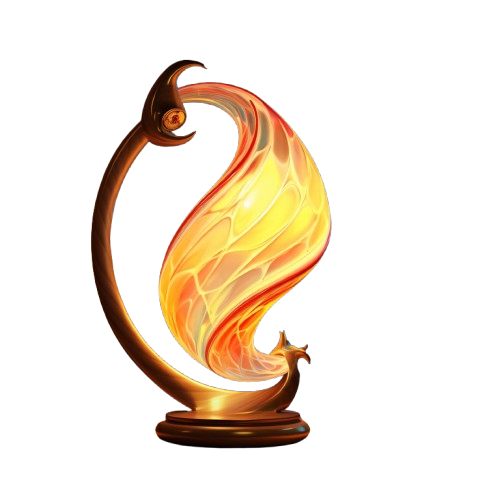 Decorative lamp with a curved dark brown base and a glowing, flame-shaped glass shade in yellow and orange hues
