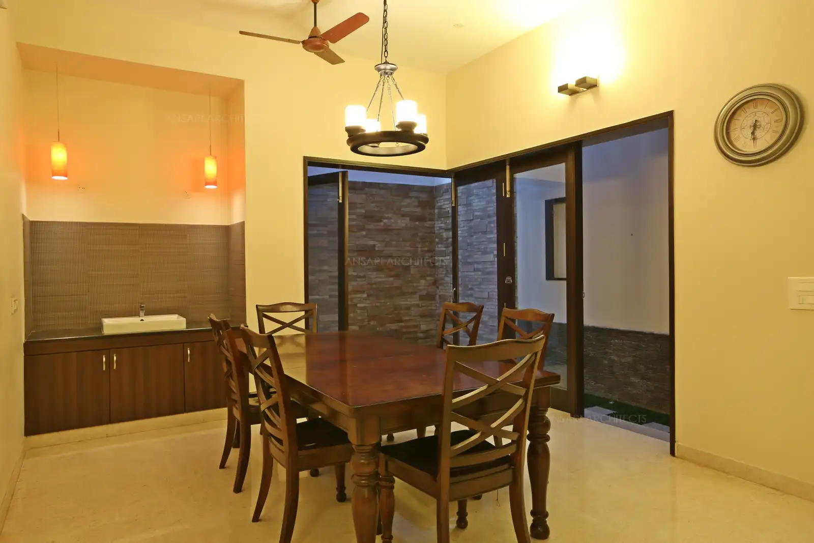 Dining room with L shape corner courtyard.