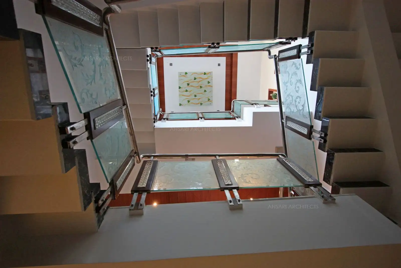 View of false ceiling in the second floor of staircase area seen from ground floor.