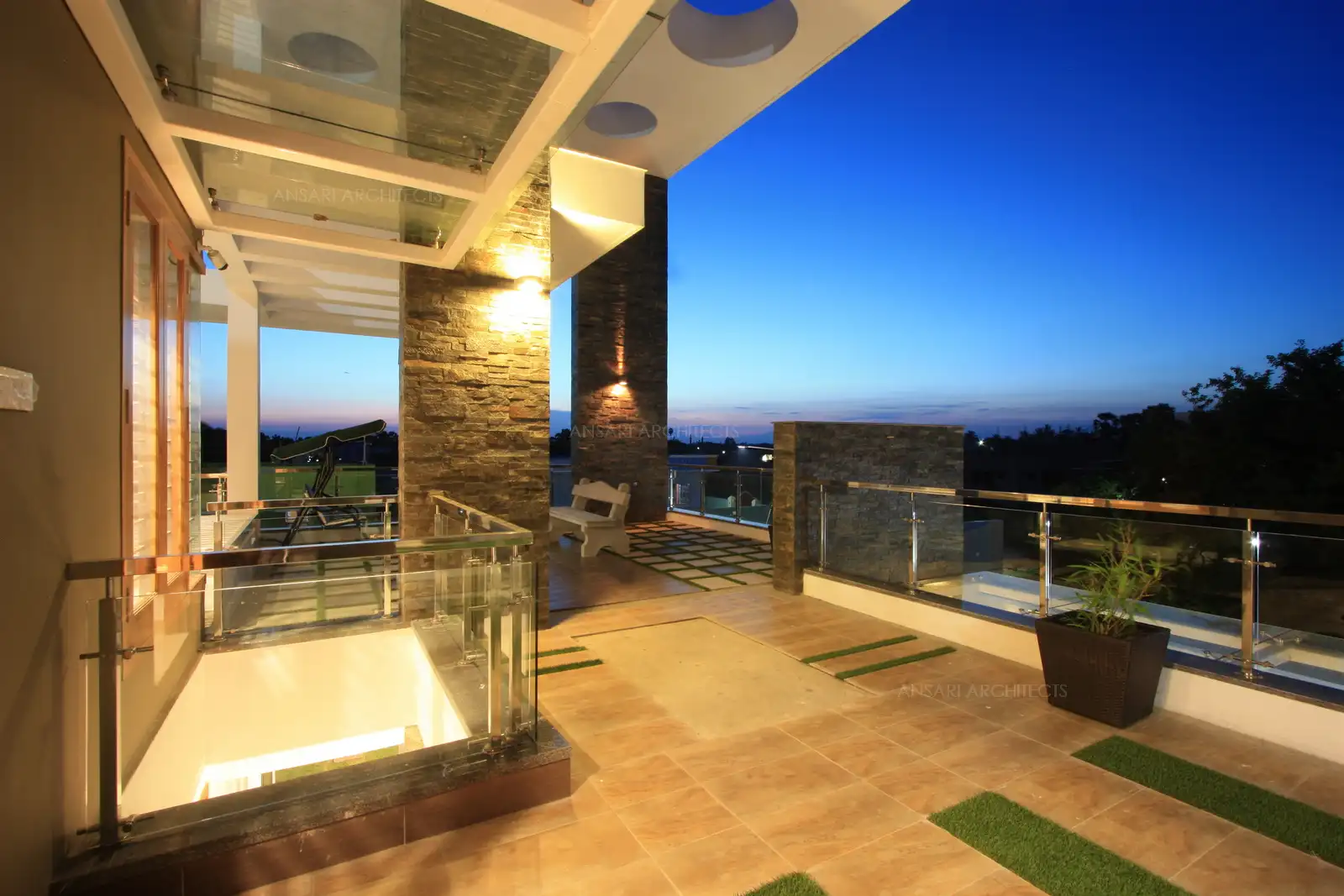 View of the huge balcony and sit out area in the first floor. Landscaped terrace is planned below the two levels of pergolas.