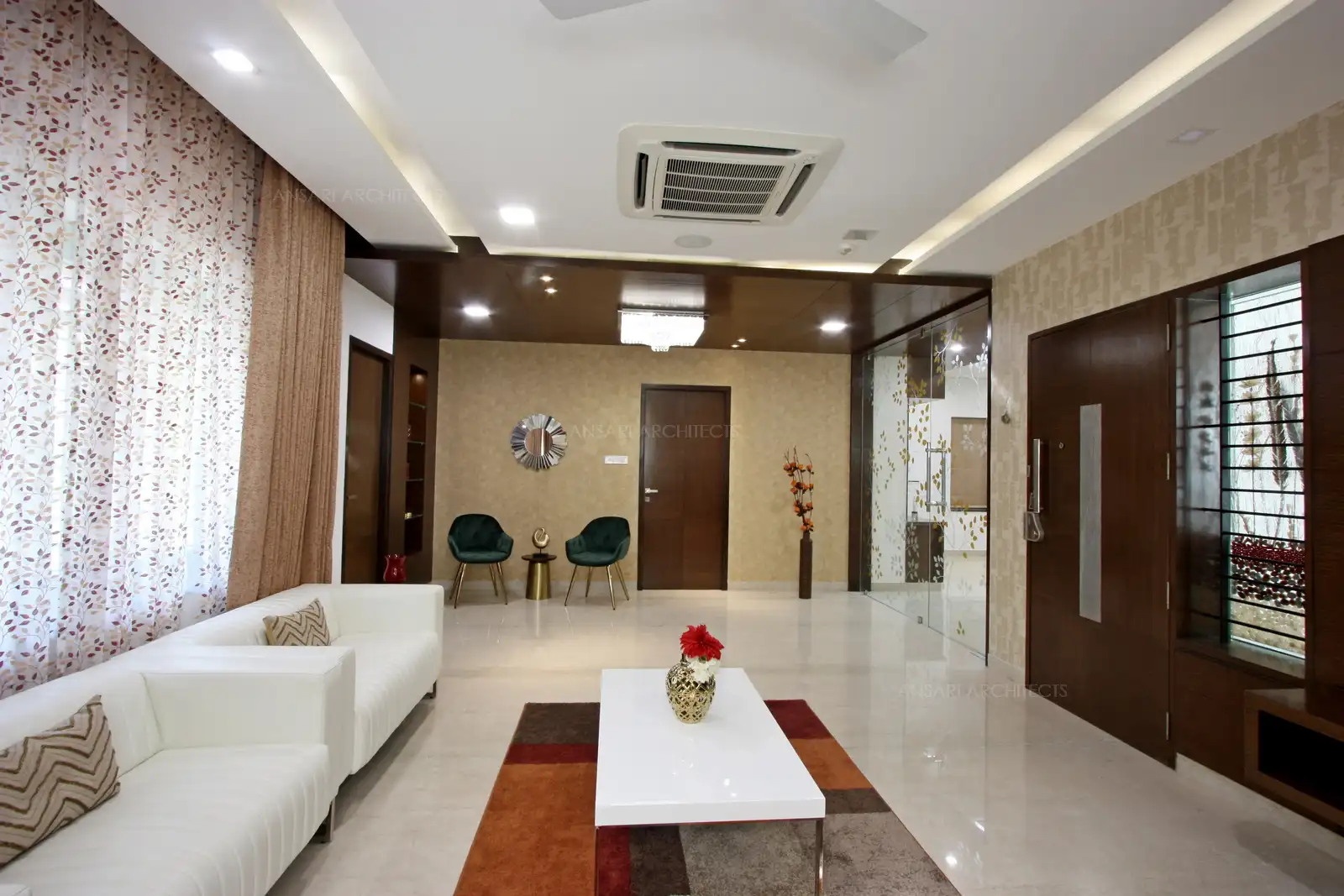 Informal seatings arranged living room with wooden ceiling and bright chandeliers.