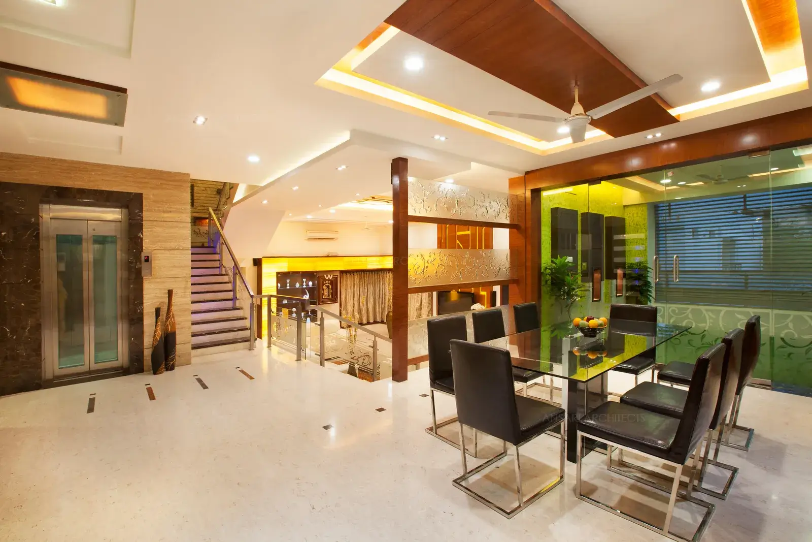 View from the dining showing the living room at mezzanine level.