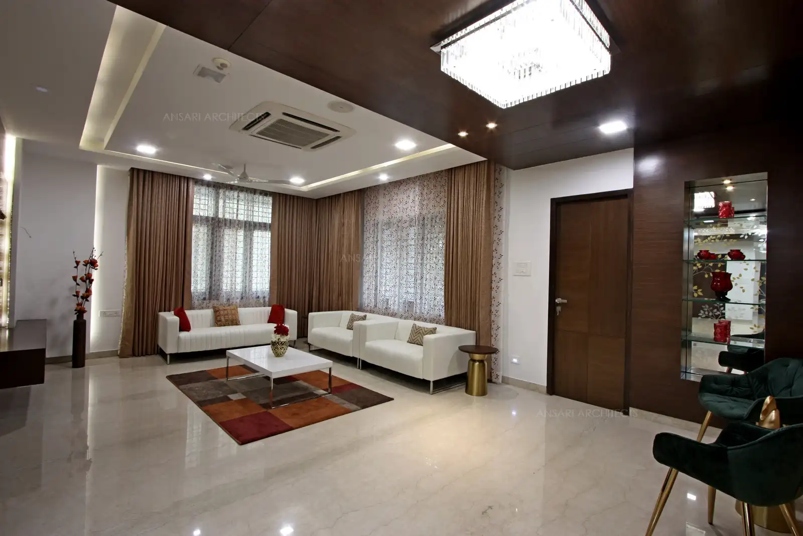The play of colours provide a vibrant and bright look for the living space.