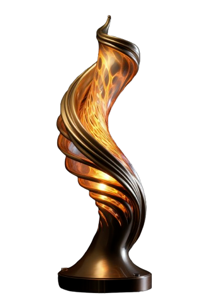 A modern sculptural lamp with a twisted bronze metal frame surrounding a glowing, textured orange glass core against a black background.