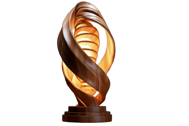 Sculptural wooden lamp with a spiraling outer frame surrounding a glowing, ribbed inner light source on a round stepped base