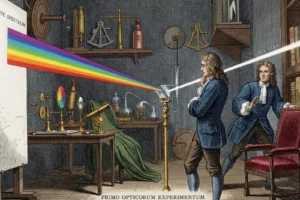 Colored vintage illustration showing Isaac Newton's experiment with light refraction through a prism, where white light enters the prism and is split into a rainbow spectrum, with two men in 17th-century attire observing the phenomenon in a study filled with scientific instruments and books.