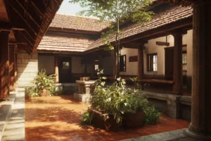 A traditional courtyard with terracotta tiled floor, surrounded by a building with wooden columns and sloped tiled roofs, featuring potted plants and greenery in the center under natural sunlight.