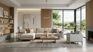 Modern living room with a beige sectional sofa, gray armchair, wooden coffee table with a vase and books, large windows showing a green garden, built-in wooden shelves with decorative items, and a concrete floor.