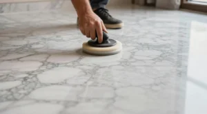 Close-up of a person's hand using a polishing tool on a shiny marble floor with gray veining patterns.