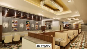 Modern restaurant interior with beige booth seating along the right side, cream-colored chairs and tables on the left, decorative wall panels featuring food images, pendant and ceiling lights, and a patterned floor leading to a hand wash sign in the background.