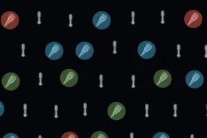 Seamless pattern on black background featuring colorful ice cream cone icons inside red, blue, and green circles, interspersed with small silver thermometer icons in a grid arrangement.