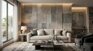 Modern living room with a neutral beige sofa adorned with various throw pillows and a gray blanket, a wooden coffee table with books and decorative items, textured stone accent wall with soft ambient lighting, two gray armchairs, side table with lamp, large window with sheer curtains, and built-in shelving with books and art.