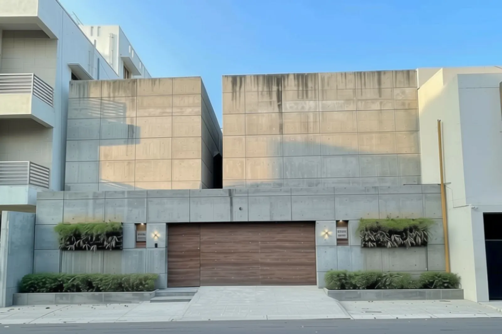 Concrete Twins Villa-Modern concrete building with a large wooden garage door, rectangular planters with greenery on either side, and a clear blue sky above.