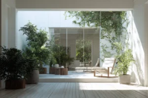 Bright modern interior space with large glass sliding doors opening to a sunlit courtyard filled with lush green plants and a cushioned wooden chair, featuring light wood flooring and white walls