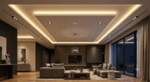 Modern living room with warm recessed ceiling lights, a large sectional sofa, a wooden coffee table with books, a flat-screen TV mounted on a wood-paneled wall, and floor-to-ceiling windows with curtains showing a nighttime city view.