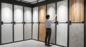 A person wearing glasses and casual attire examines large samples of wall or floor tiles displayed vertically in a showroom, including various patterns such as wood and marble-like designs.