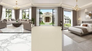 Collage showing three different interior spaces featuring distinct tiled flooring: a beige tile hallway leading to a outdoor entrance, a living room with white marble tile flooring and beige sofas, and a bedroom with glossy gray tiles and a large bed on a rug, all with large windows and chandeliers.