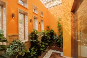 Indoor garden area with bright orange walls, decorative glass windows with leaf patterns, various green plants along a planter with white stones, and a glass door with a metal handle casting leaf-patterned shadows on the wall.