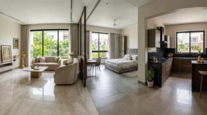 Open-concept interior featuring a living area with beige sofas and large windows, a bedroom with a bed and desk separated by a glass partition, and a modern kitchen with dark cabinets and a central island, all with large windows offering garden views.