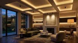 Cozy modern living room at dusk with warm recessed ceiling and shelf lighting, featuring a green curved sofa, two plush armchairs, a marble coffee table with books, a marble fireplace, large glass sliding doors, and a floor lamp with a beige shade.