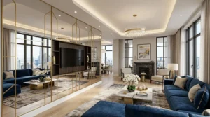 Modern living room with blue velvet sofas, a marble coffee table with white orchids, beige armchairs near a black fireplace, large windows with city views, gold-accented mirror wall, and a crystal chandelier on a light wood floor