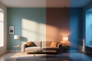 Modern living room with a beige couch featuring brown cushions, flanked by a round wooden side table with a lamp on the left against a teal wall, and a square wooden side table with a lamp on the right against a blue wall, with a wooden coffee table in front and sunlight casting shadows across the room.