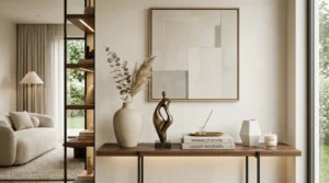 Modern minimalist living room corner with a wooden console table holding a beige vase with dried plants, an abstract bronze sculpture, two books titled 'Minimalist Design' and 'Luxury Interiors', a geometric white vase, and a candle, against a white textured wall with abstract artwork, with a glimpse of a sofa and floor lamp in the adjacent room.