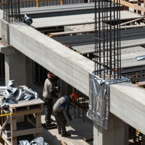 How to Stop Cracks in Your Home: Professional Guidance from Architect Dameem Ansari 13 Two construction workers wearing helmets working on a concrete building structure with exposed rebar and wooden scaffolding, alongside sheets of metallic material.