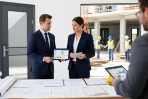 Two professionals in suits discussing plans inside a construction site office, holding a tablet and documents, with construction workers in safety gear visible through the window in the background and blueprints spread out on a table in the foreground.