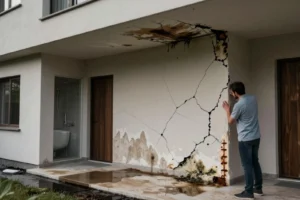 Man in a blue shirt inspecting a large crack with water damage and mold on the exterior wall and ceiling of a modern house near wooden doors and a tiled floor with puddles.