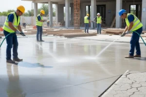 Construction workers wearing safety helmets and reflective vests spraying water on a concrete floor at a construction site with materials and an unfinished building in the background.