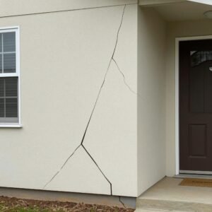 How to Stop Cracks in Your Home: Professional Guidance from Architect Dameem Ansari 4 Exterior corner of a beige stucco house showing multiple long cracks running vertically and diagonally near a window and a dark brown front door with a doormat on a concrete porch.