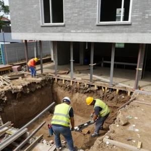 How to Stop Cracks in Your Home: Professional Guidance from Architect Dameem Ansari 14 Three construction workers wearing safety helmets and reflective vests working on an excavation site in front of a building under construction with exposed support columns and unfinished walls.