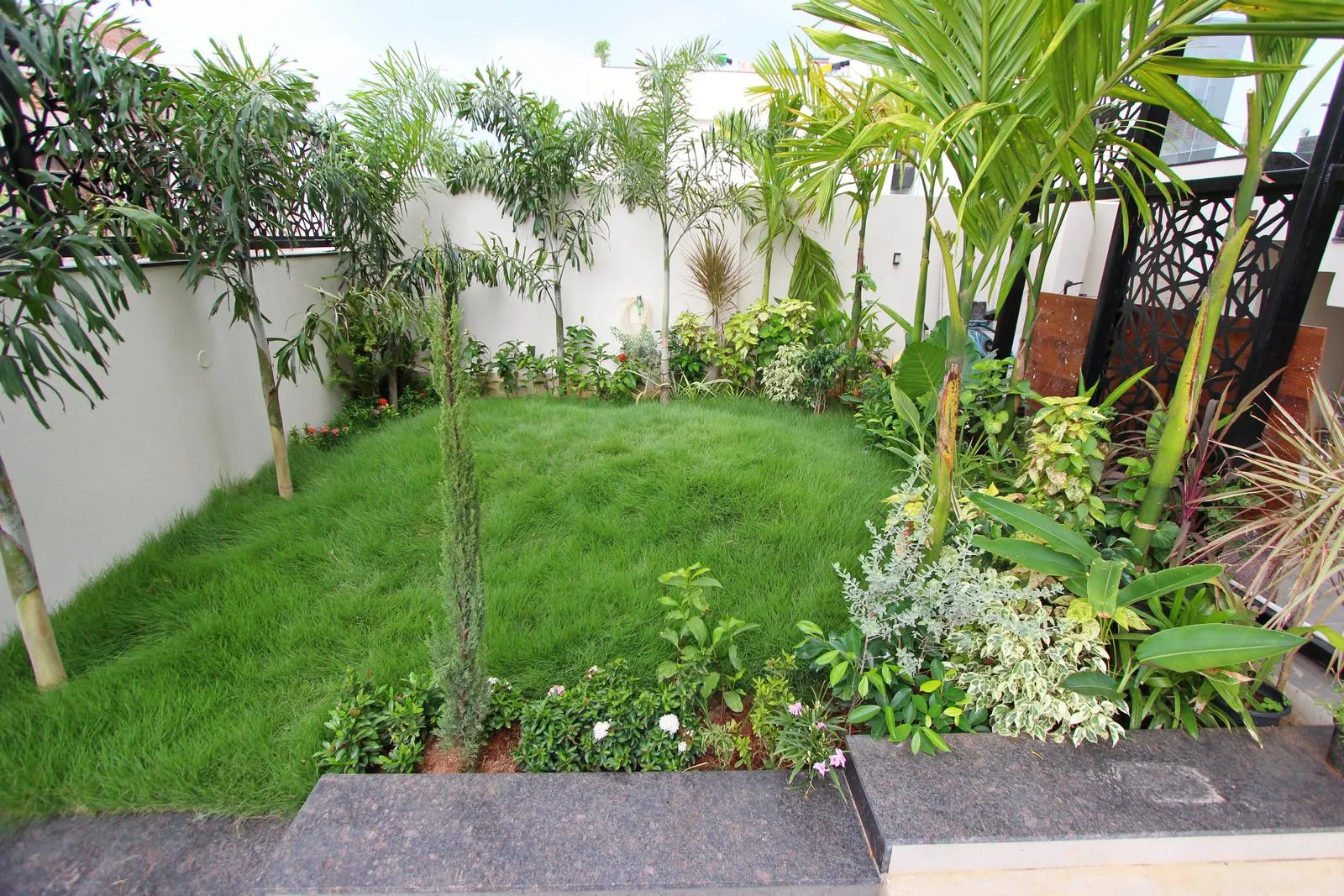 The garden is a private courtyard with a central lawn and layered planting that adds depth. A stepped stone platform connects the house and garden, offering seating and views for a seamless indoor–outdoor flow.