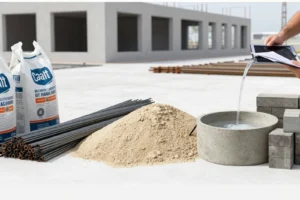 Construction site with building materials including bags of cement, steel rods, a pile of sand, concrete blocks, and a person pouring water from a tablet device into a concrete basin.