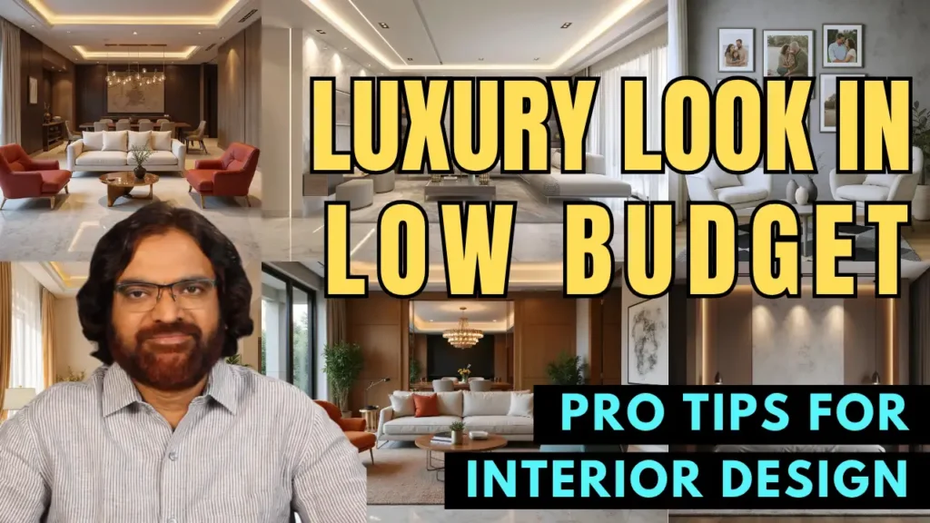 Collage of modern living room interiors with stylish furniture and decor, featuring a man with glasses and beard in the foreground, with text overlays saying 'Luxury Look in Low Budget' and 'Pro Tips for Interior Design'.