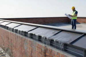 A construction worker wearing a yellow helmet and reflective vest stands on a rooftop examining blueprints next to an ice-covered metal structure on the edge of the roof.