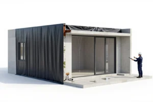 Side view of a modern concrete modular building section with glass sliding doors, a small window, and a black tarp covering part of it, with a person wearing a hard hat and blue work uniform inspecting it on the right side.